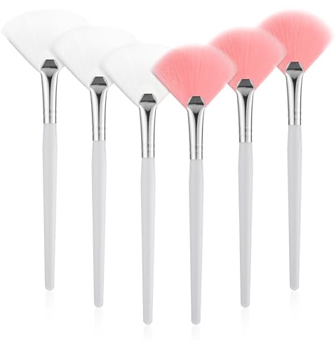 BOHUIZ 6 Pcs Fan Brushes for Facial, Face Mask Applicator Soft Makeup Mask Acid Applicator Brush, Flat Head Mask Applicator Esthetician Brush for Women Girls Mud Clay Mask Makeup Peel(Pink and White)