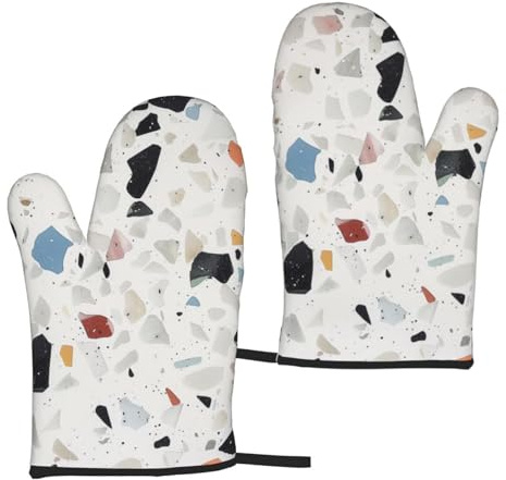 Lot de 2 gants de cuisine imprimés terrazzo blancs – Gants de cuisine résistants à la chaleur pour cuisine et pâtisserie en plein air