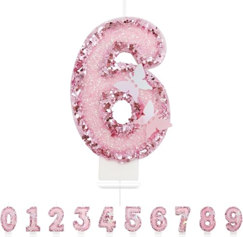 Heyumybit Bougies d'anniversaire Numéro 6,3D Rose Bougie Chiffre 6,Scintillantes Papillon Decoration Gateau Anniversaire pour les Fournitures de Célébrations d'Anniversaire