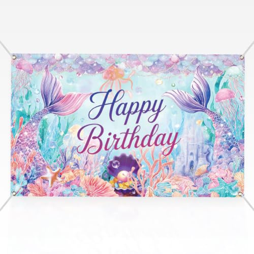 CRAFTYMELODY Mermaid Birthday Banner 72×44 Inch Happy Birthday Banner Purple Fishtail Castle Backdrop Wall Banners Yard Sign Indoor Outdoor with Grommets 3.2 Yard String for Party Decoration Supplies