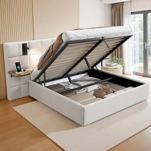 LUXOAK Polsterbett mit Stauraum 160x200cm, Gasdruckfeder, Beige