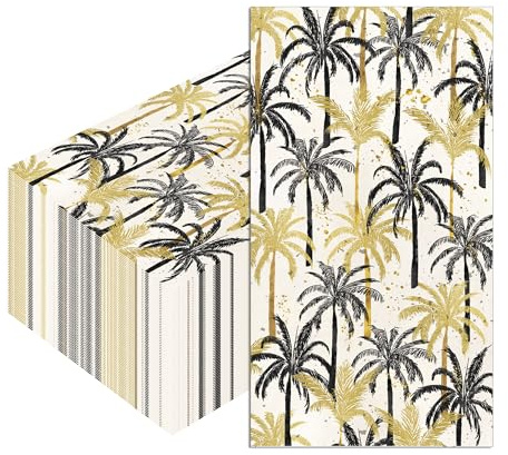 40Pcs Palm Tree Beach Guest Napkins, Black & Gold Decorative Hand Towels Disposable Paper Napkins for Bathroom Powder Room, Holiday Wedding, Birthday, Bridal Baby Shower, Dinner Tea Party,4.3x7.9 Inch