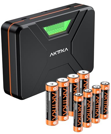 AKTTKA Caricabatterie Pile Ricaricabili AA e AAA Intelligente 8 Slot, Ni-MH Ni-CD Ricaricabili Caricabatterie Batterie con Display LCD(con Cavo USB)