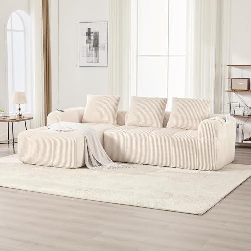 Zepneiy Gran sofá de 3 plazas en forma de L de diseño moderno, sofá con bolsillo lateral y portavasos para sala de estar y despacho, mueble tapizado con chaise longue y reposabrazos, pana beige