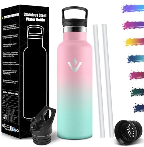 Mulbijeo Trinkflasche Edelstahl 750ML BPA-Frei, Auslaufsichere Isolierflasche Doppelwandig, Wasserflasche mit Strohhalm, 18/8 Edelstahl, Thermosflasche, Trinkflasche Kohlensäure Geeignet für Sport