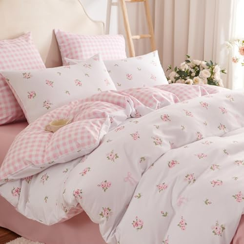 Tospass Blumen Bettwäsche 135x200 Weiß Rosa Floral Gitter Bettwäsche Set