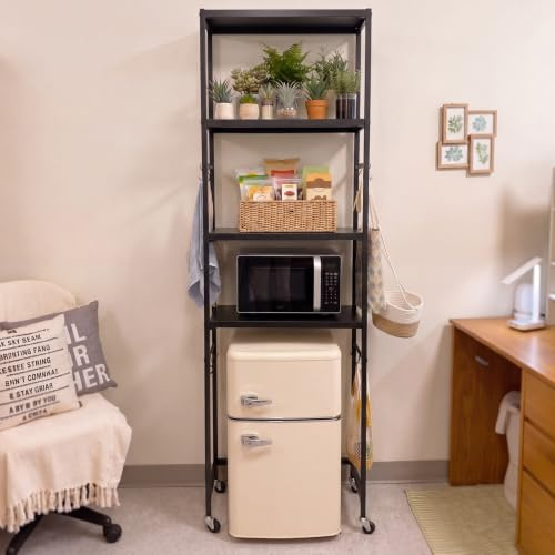 Vercraft 4 Tier Mini Fridge Shelf with Storage for Dorm Over Mini Fridge Stand with Wheels Microwave Stand Storage Rack for College Rooms Apartment Home Kitchen Bathrooms Office (Black)