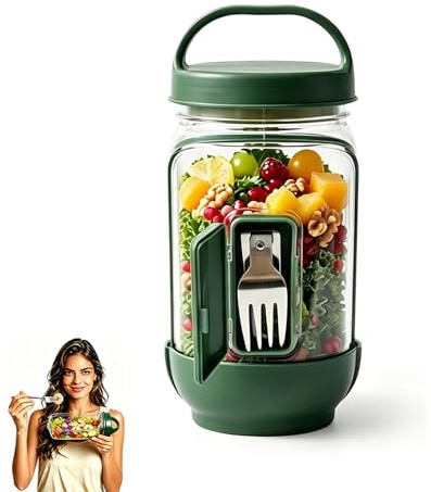 Portable Salad Pod Jar with Sauce Cup and Fork Leak-Proof Side Opening Lids Salad Containers Bowl for Lunch Dinner Vertical Layered Design Salad Jars for Home Outdoor Party Meal Prep (1L Update)