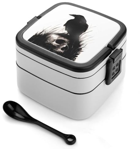 JiuPopular Bento Box, lonchera de Halloween con diseño de calavera y cuervo, cajas de almacenamiento de alimentos de 2 capas con asa