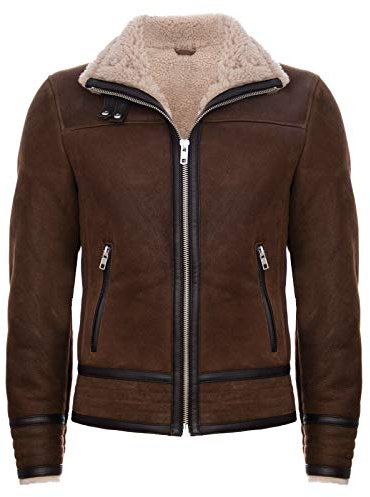 Infinity Leather Herren Braun Bräunen Pilot Echtes Schaffell Lammfell Motorradfahrer Lederjacke