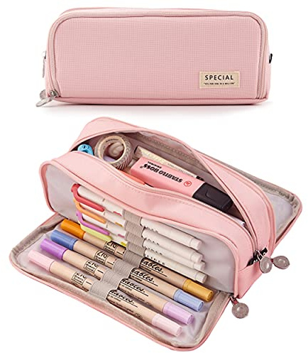 MAMUNU Pencil Case Large Pencil Cases for Girls Boys Big Capacity Pencil Pouch with 3 Compartments School Stationary Office Storage Makeup Bag for Teenage Adults Women Men (Pink)