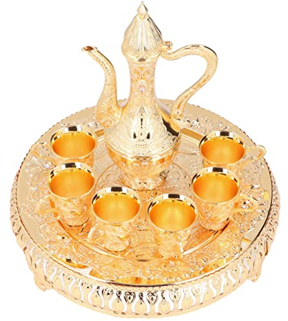BHDK Metal Wine Glass Jug Set,Vintage European Russian Style Art Crafts Wedding Gift Wine Pot Kit with 6 Luxury Coffee Cups & Craft Tea Tray for Serving Tea Coffee Cappuccino,Ottoman Trim Weddin Gift