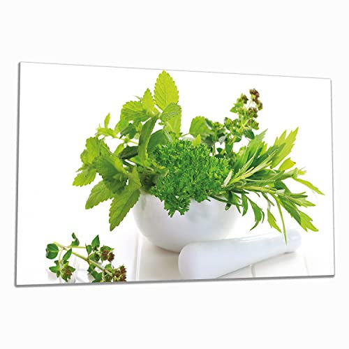 Wallario Herdabdeckplatte/Spritzschutz aus Glas, 1-teilig, 90x52cm, für Ceran- und Induktionsherde, Welt der Kräuter - Verschiedene Kräuter in einem weißen Mörser