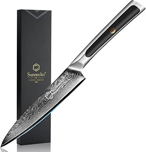 Sunnecko Utility Knife 5 inch - Sharp Paring Knife with Damascus Steel VG10 Blade, Fruit Knife with Ergonomic Full Tang Handle Small Kitchen Knives