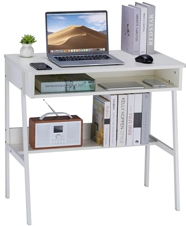 DEILALY Small Desk 80cm with Drawer Space and Under Storage Shelf Computer Wood Desk Metal Frame Writing Table Study Desk Work Station Gaming Desk Table Home Office Bedroom White
