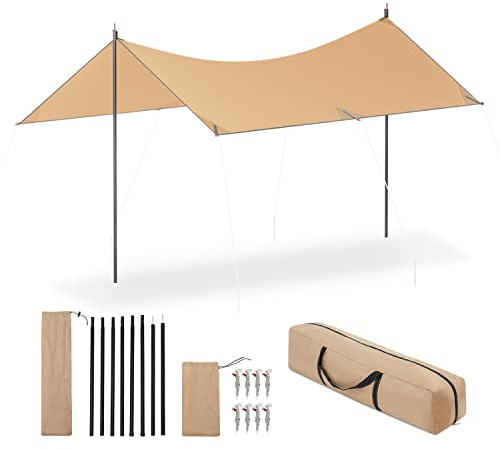 Magshion Camping Tarp with 2 Poles, Lightweight 13 x 9.5 ft. Multifunctional Waterproof Rain Fly, UV50+ Outdoor Car Awning Sunshade Tarp Easy Set Up in Open Area
