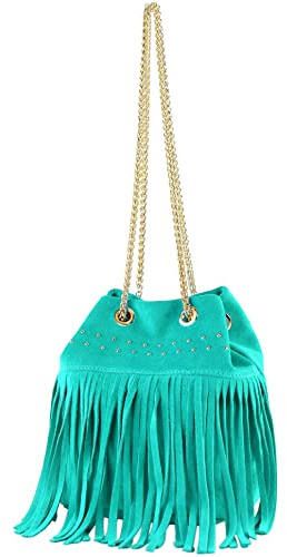 modamoda de T244 Damen Wildleder Umhängetasche mit Fransen und Goldkette, handmade in Italy