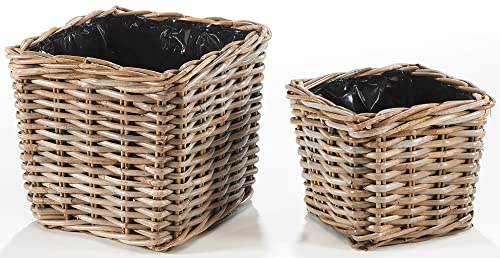 Kobolo Pflanzkorb Pflanzschale aus Rattan mit Folie in grau im Kubu Grey