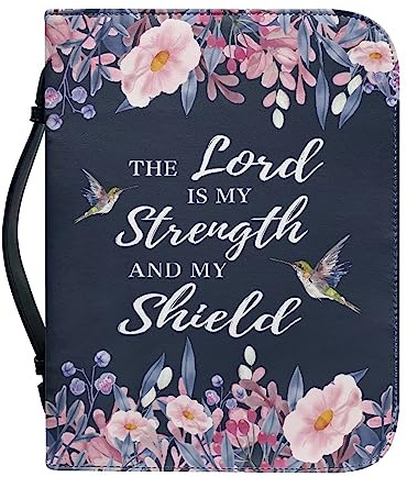 Xoenoiee Bibelhülle mit Kolibri-Blumendruck für Damen und Herren, The Lord is My Strength and My Shield, Bibeltasche, Tragetasche, Buchhülle, M