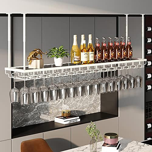 CENAP Weinregal zum Aufhängen an der Decke, höhenverstellbar, Weinhalter aus Metall für Stielgläser, Bars, Restaurants, Küchen, weißes Lagerregal, kann 100 kg tragen (Größe: 100 cm)