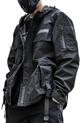 XYXIONGMAO Streetwear Uomo Felpa con Cappuccio, Nero, Techwear, Windbreaker, Cyberpunk Tactical Cargo Streetwear Giacca Bomber, Nero , M