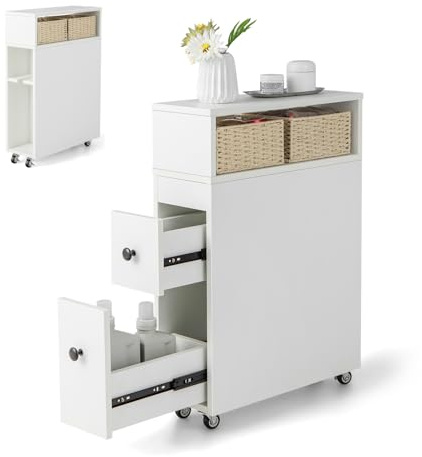 Multigot Bathroom Floor Cabinet (White) | Freestanding Slim Storage Cupboard with 2 Slide Out Drawers & 4 Universal Wheels, Toilet Wooden Storage Unit