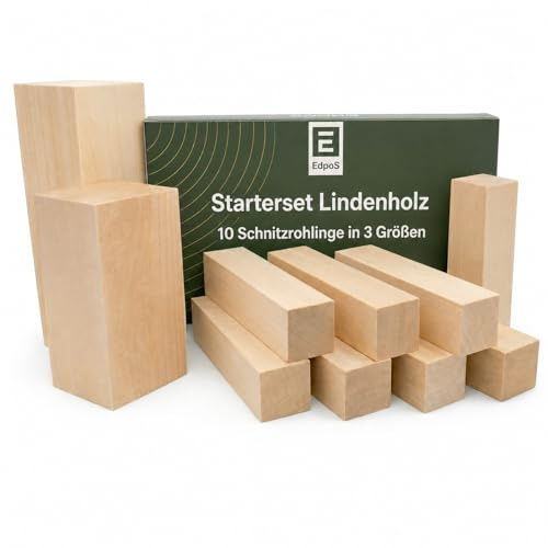 EdpaS Lindenholz Schnitzholz Set 10 Stück – weiche Schnitzrohlinge aus Lindenholz in 3 Größen, Holzklötze zum Schnitzen, Drechseln & Basteln, ideal für Anfänger
