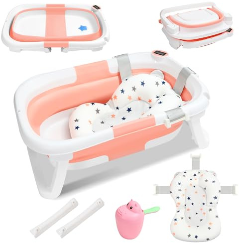 Ansobea Baby Badewanne mit Integriertem Thermometer, Faltbare Babybadewanne mit Rutschfestem Ständer, Baby Wanne mit Badematte, Badewanneneinsatz Baby für Neugeborene Kleinkinder, Rosa