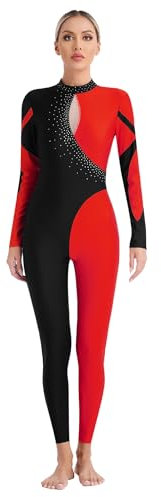 Mufeng Damen Gymnastikbody Langarm Tanzbody mit Strass Rückenfrei Ballett Trikot Turnanzug Akrobatik Eiskunstlaufen Tanzkleidung Rot S