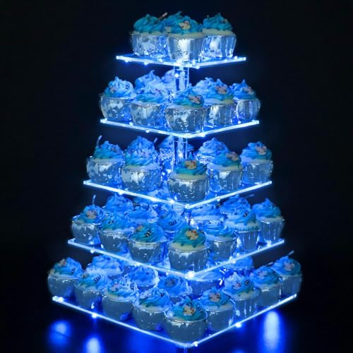Ulifeme 5 Livelli Cupcake Stand, Alzata Torre Quadrato in Acrilico con Luci Blu a LED Stringa, Porta Torte Albero Dessert per Compleanno, Matrimonio, Anniversario & Decorazione per Feste