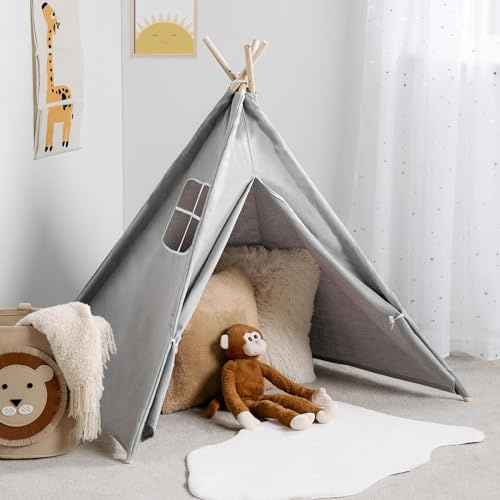 OHS Teepee Tent for Kids, Foldable Play Tent Easy to Assemble Indoor Outdoor Children Teepee Tents for Sleepover Reading Nook Portable Garden Beach Canvas Playhouse with 4 Wood Poles, Grey