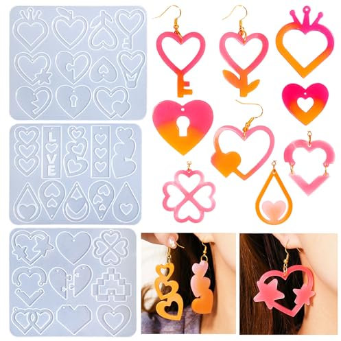 Tuxuzal Lot de 3 moules en silicone en forme de cœur en résine époxy - Moule en silicone - Amour - Cœur - Porte-clés - Boucles d'oreilles en résine époxy - Pendentif - Ensemble de bijoux - Moule en