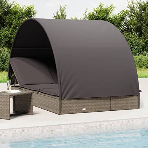 Homgoday Sonnenliege mit Runddach Doppelliege Gartenliege Sonnenliege Relaxliege Strandliege Balkonliege Freizeitliege Verstellbare Rückenlehne für Garten BalkonGrau 211x112x140 Poly Rattan