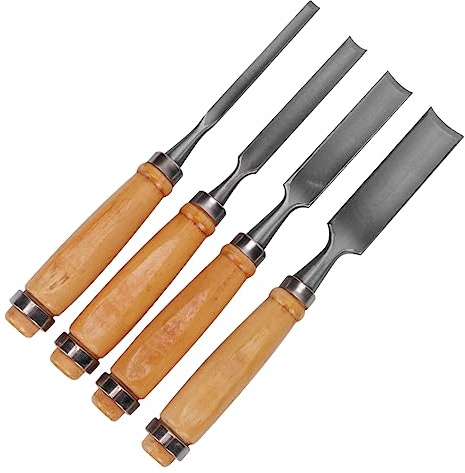 jojofuny Set Scalpelli per Intaglio Legno con Impugnatura in Acciaio e Legno, 4 Lame Spesse Diverse, Resistente Agli Urti, per Laboratorio di Intaglio
