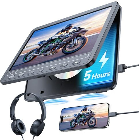 GOnavidio Lecteur DVD portable10,1 Pouces avec HDMI Input, 5 Heures de Batterie Rechargeable, Lecteur DVD Voiture, connecté au téléphone, ecran Enfant appuie tête Equipé Casque