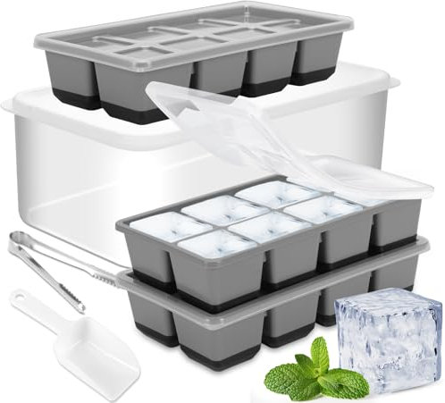 Cubitera Grande para Hielo con Cubo, JRISBO 3pcs Molde de Silicona para Cubitos de Hielo con Tapa, 4,5 cm Bandeja de Hielo Sin BPA Calidad Alimentaria para Whisky Cócteles Cerveza (Negro & Gris)
