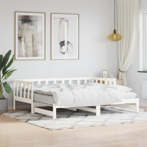 Massivholz Weiß Tagesbett mit Ausziehbett 80x200 cm Gästebett Bettgestell für Wohnzimmer oder Schlafzimmer Schlafsofa für Erwachsene und Jugendliche