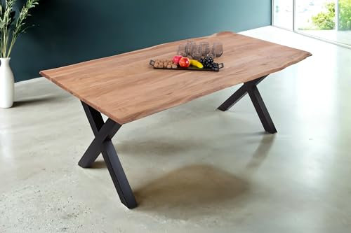 SAM Baumkantentisch 300 x 100 cm Dana, massiver Esstisch Eiche, Esszimmertisch mit X-Gestell aus Metall Schwarz, echte Baumkante, pflegeleichter Holztisch