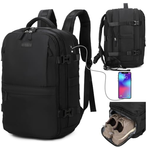 1990s Mochila de viaje cabina expandible para Ryanair 40x25x20-25cm,con bolsa de zapatillas,mochila casual impermeable extensible compatible con portátil 14-Negro