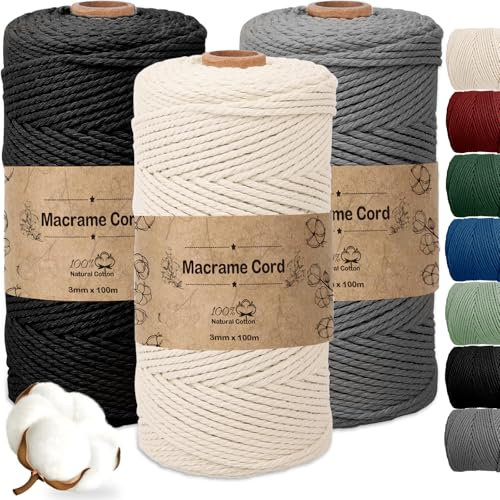 Vautvis 3 Stück Makramee Garn 3mm, Makramee Garn Set, 300g/100 M Rope Garn, Makramee Wolle, 100% Baumwolle, Baumwollkordel, Baumwoll Bastelschnur Für Basteln Stricken Boho Deko DIY Handwerk (C)