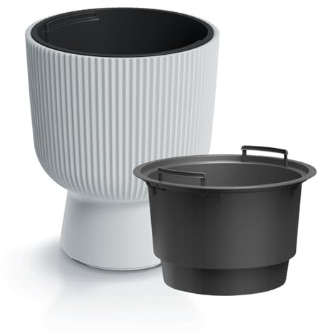 B2C Plant Pots Flower Planter 7 Colours 3 sizes Tall with insert Wavy Plastic Pot Boho Elegant Textured Cylindrical with base indoor/outdoor Modern (White, 30cm - 18L)