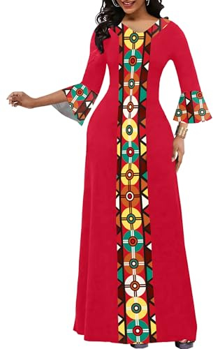 FANDEE Elegant Maxi Long V-Neck Casual Dress for Women, Bell Sleeve African Print Dresses for Cocktail Party（M-3XL）, Africa Print on Red, M