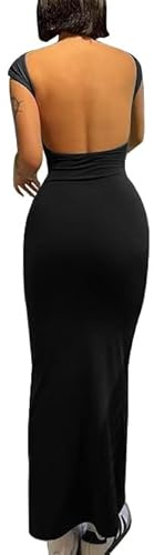 AYWA Womens Sexy Backless Maxi Dress Casual Bodycon Boat Neck Short Sleeve Party Club Long Dresses (Black, Small)