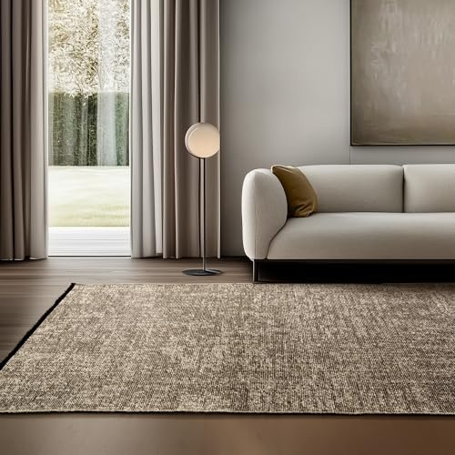 SIMPEX Baumwolle Teppich Beige 160x230 cm - Waschbar, Boho-Stil, Vintage Kelim, Kurzflor, rutschfest & Weich, Einfarbig Meliert, Für Wohnzimmer, Schlafzimmer, Büro & Küche
