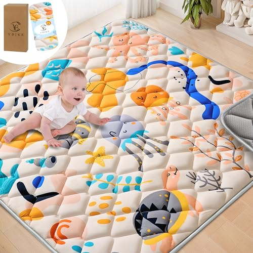 YBIKE Baby Spielmatte, Faltbare Große rutschfeste Dicke Baby Krabbelmatte 127x127cm, Tragbare Weiche Bauchzeitmatte, Waschbare Aktivitätsmatte für Kinder (Boho Meer)