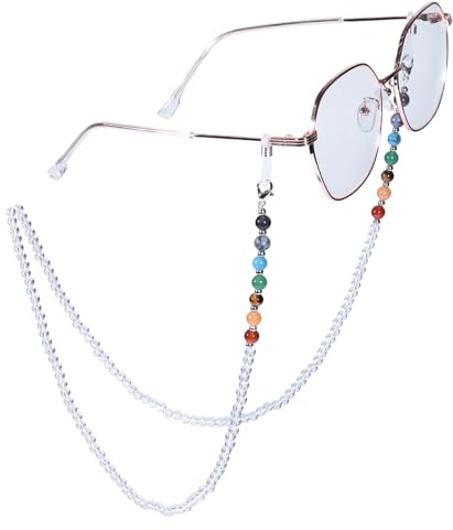mookaitdecor 7 Chakra Edelstein Perlen Brillenkette für Damen, Heilsteine Kristall Sonnenbrillen Kette Gesichtsmaskenkette Einstellbare Anti Rutsch Brillenband, Bergkristall