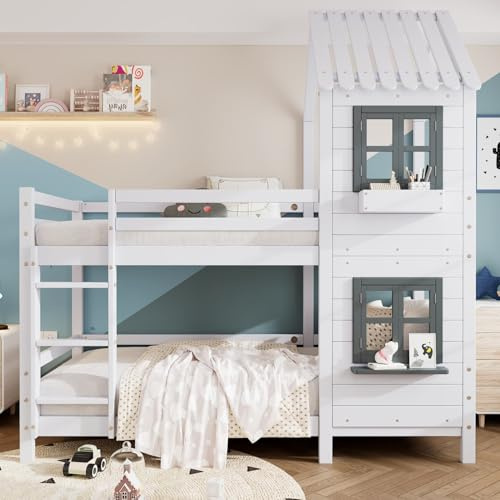 PUGSDRLY Lit Superposé Enfant 2 Places 90x200cm,Lit Cabane Enfants avec Étagère de Rangement Réglable,Fenêtre,Toit,Barrières,Sommier À Lattes,pour Garçons Filles,Blanc