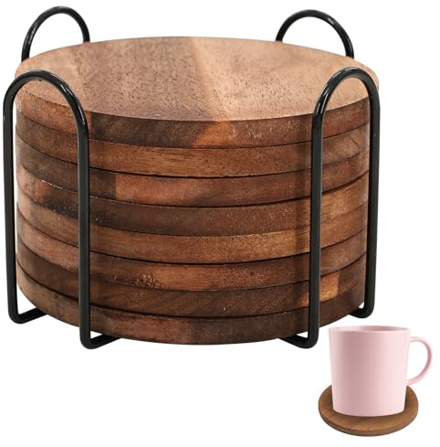 Acacia Wood Coasters Set of 8 with Iron Holder, Insulated Tabletop Protection Wooden Coaster for Coffee, Tea, Drinks, Mugs, Cans, Glasses (10cm x 10cm x 0.7cm)