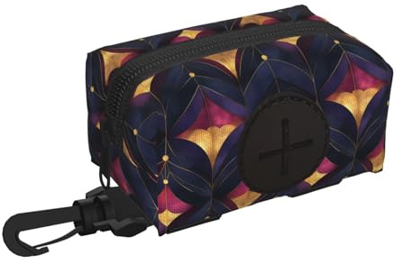 Soporte para bolsas de excremento de perro para correa, suave, ligero, estampado morado y dorado, dispensador de rollos de bolsas de residuos de perro, cierre de gancho y bucle, accesorios para pasear
