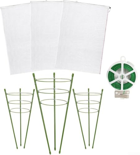 Paquete de 3 enrejados de jardín para plantas trepadoras, soporte para plantas de tomate, enrejado de tomate con red de jardín y cuerda de fijación